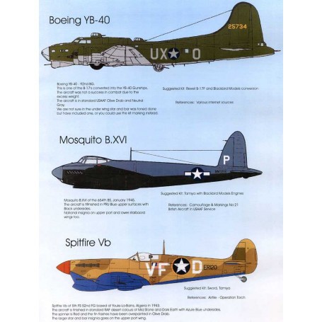 Decal USAAF im Krieg Pt: 1Boeing YB-40 Fliegende Festung 25734 UX-O 92nd BG USAAFde Havilland Moskito B Mk.XVI MM389 P 654. BG U