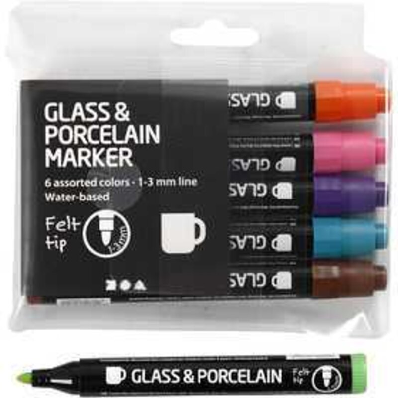 Glas- und Porzellanmalstifte, Strichstärke: 1-3 mm, Zusätzliche Farben, Halbdeckend, 6Stck. Marker