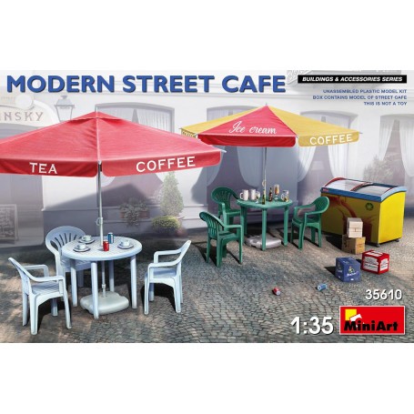 MODERN STREET CAFEKit enthält ein nicht zusammengebautes Plastikmodell von Cafe: 2 Straßenschirme (3 Layouts-Optionen) 2 Plastik